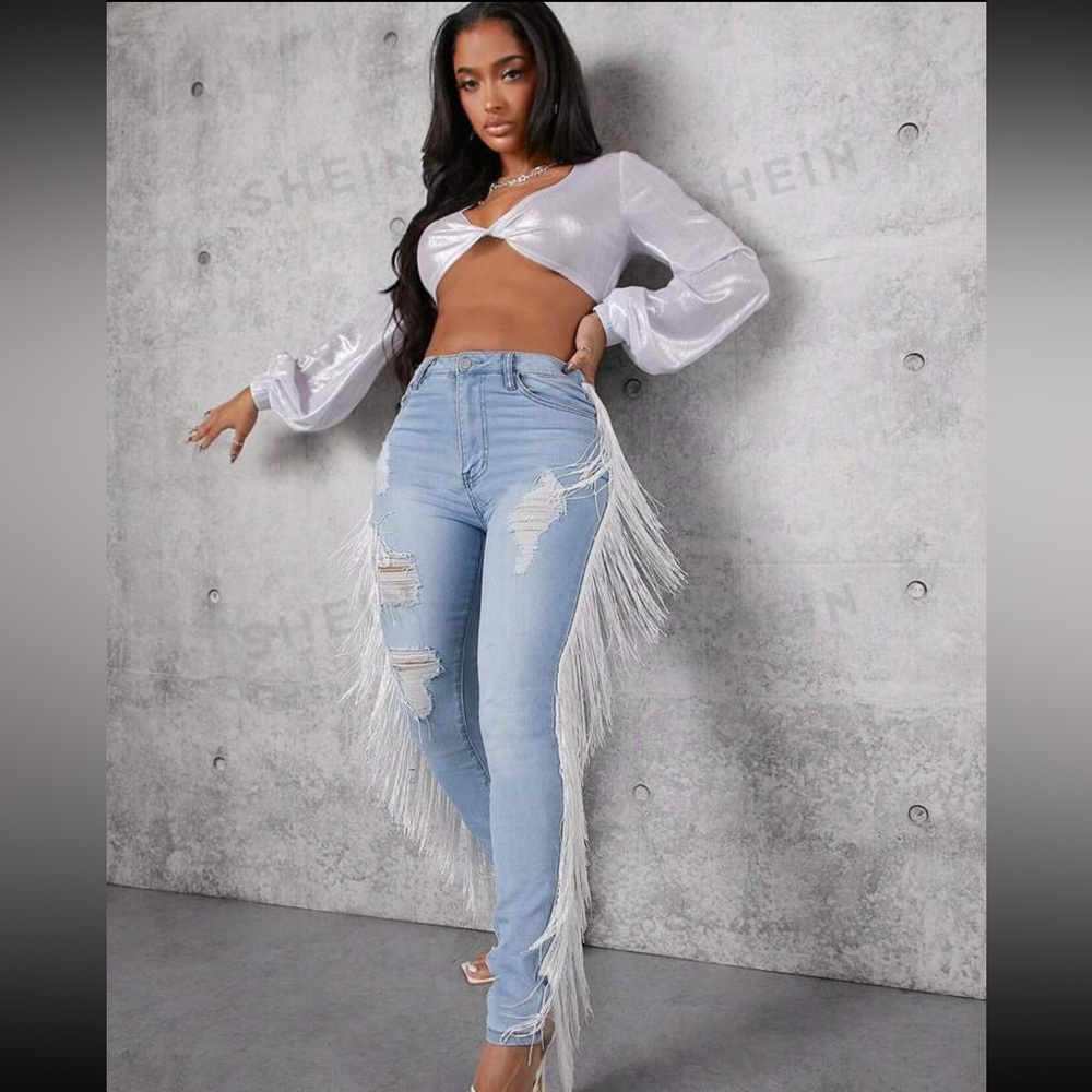 New High Waist Ripped Fringe Trim Skinny Jeans